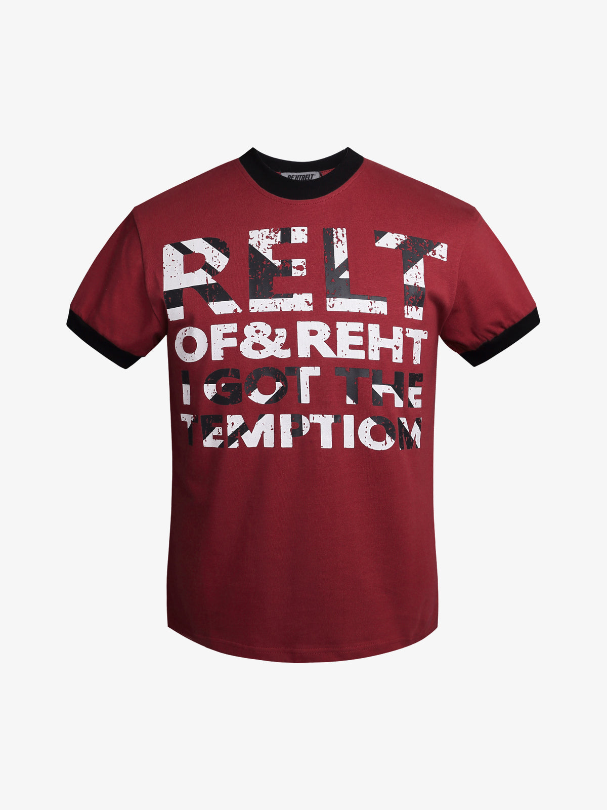 REFUSION | Distressed Statement Ringer T-Shirt in Red - front view