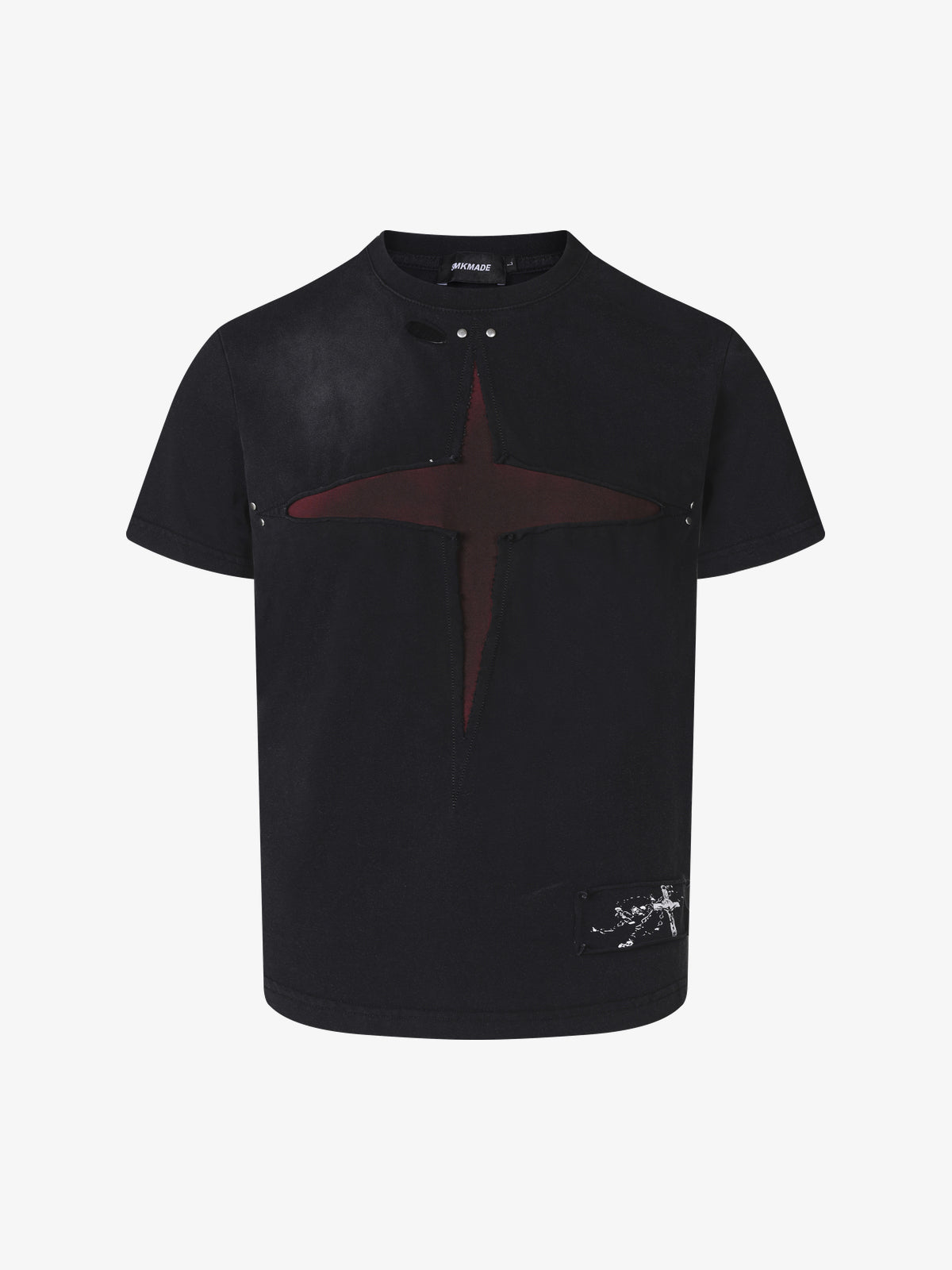 SMK MADE | Cross Cutout Contrast Panel T-Shirt in Washed Black - front view