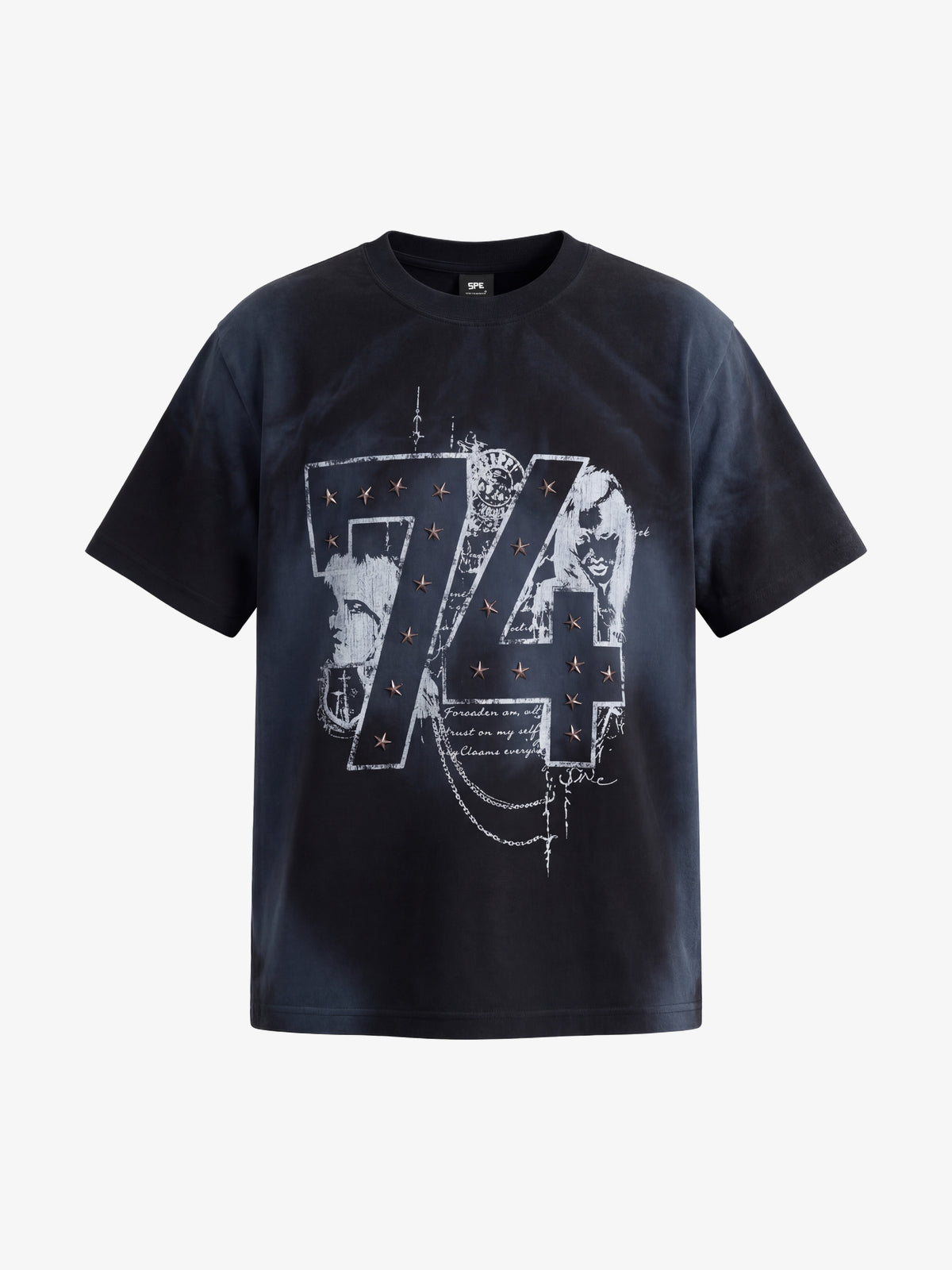 SPECTRA VISION | Studded 74 Collage T-Shirt in Faded Black - front view