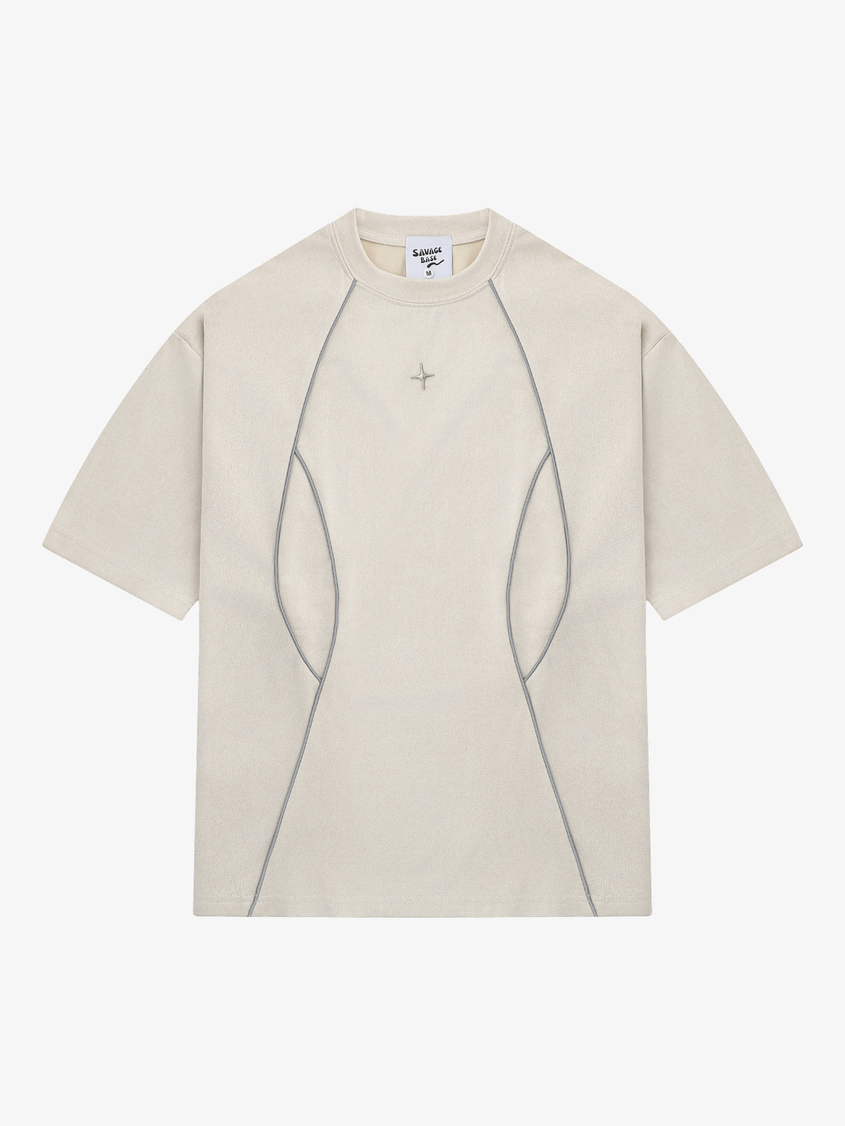 SAVAGE BASE | Reflective-Piping Star-Tag T-Shirt in Beige - front view