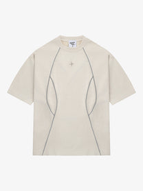 SAVAGE BASE | Reflective-Piping Star-Tag T-Shirt in Beige - front view