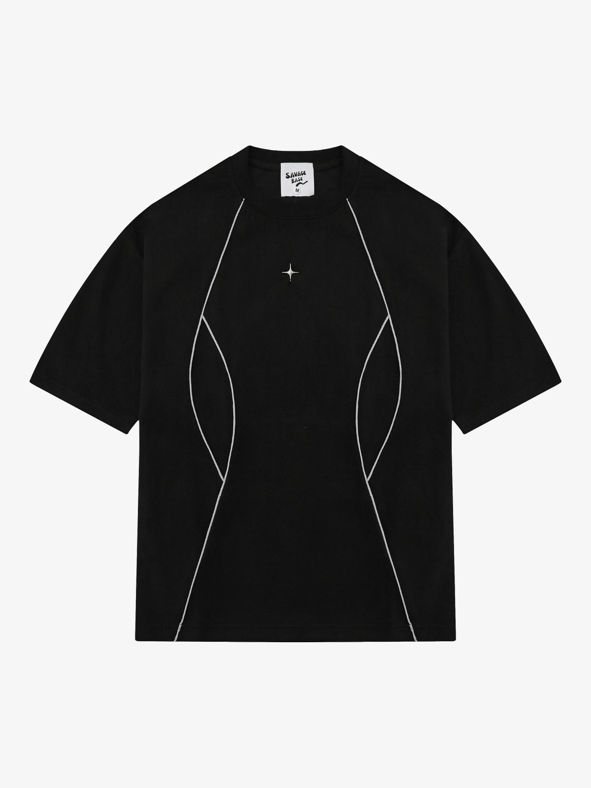 SAVAGE BASE | Reflective-Piping Star-Tag T-Shirt in Black - front view