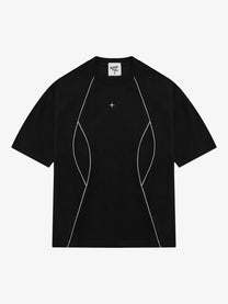 SAVAGE BASE | Reflective-Piping Star-Tag T-Shirt in Black - front view