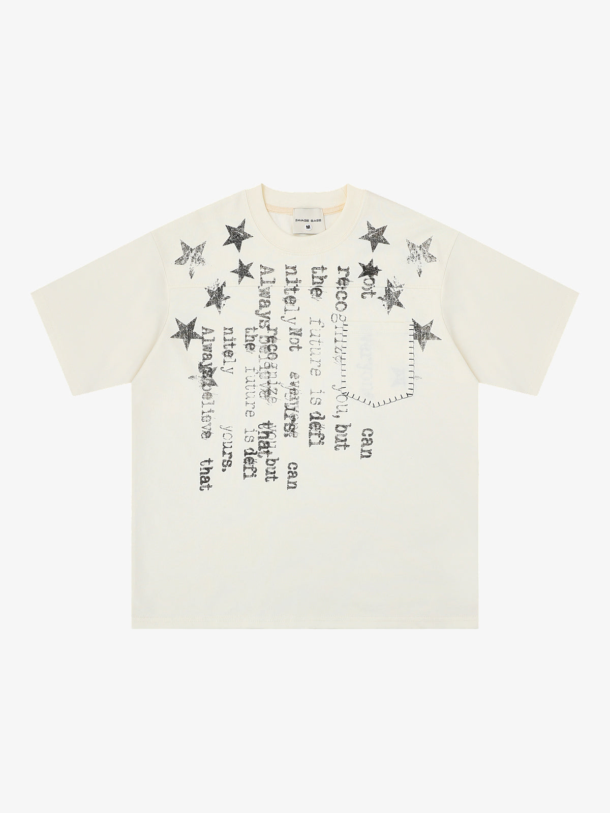SAVAGE BASE | Star and Inverted Text T-Shirt in Beige - front view