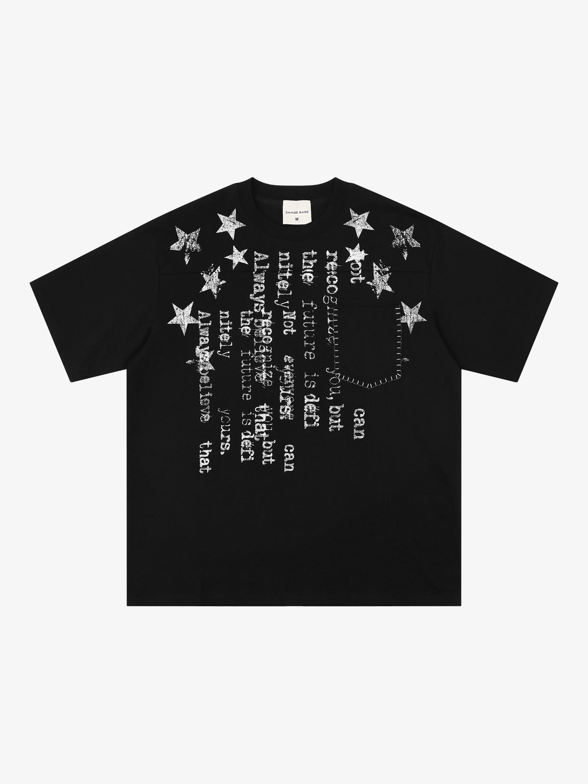 SAVAGE BASE | Star and Inverted Text T-Shirt in Black - front view
