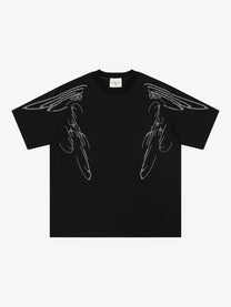 SAVAGE BASE | Rhinestone Angel-Wing T-Shirt in Black - front view