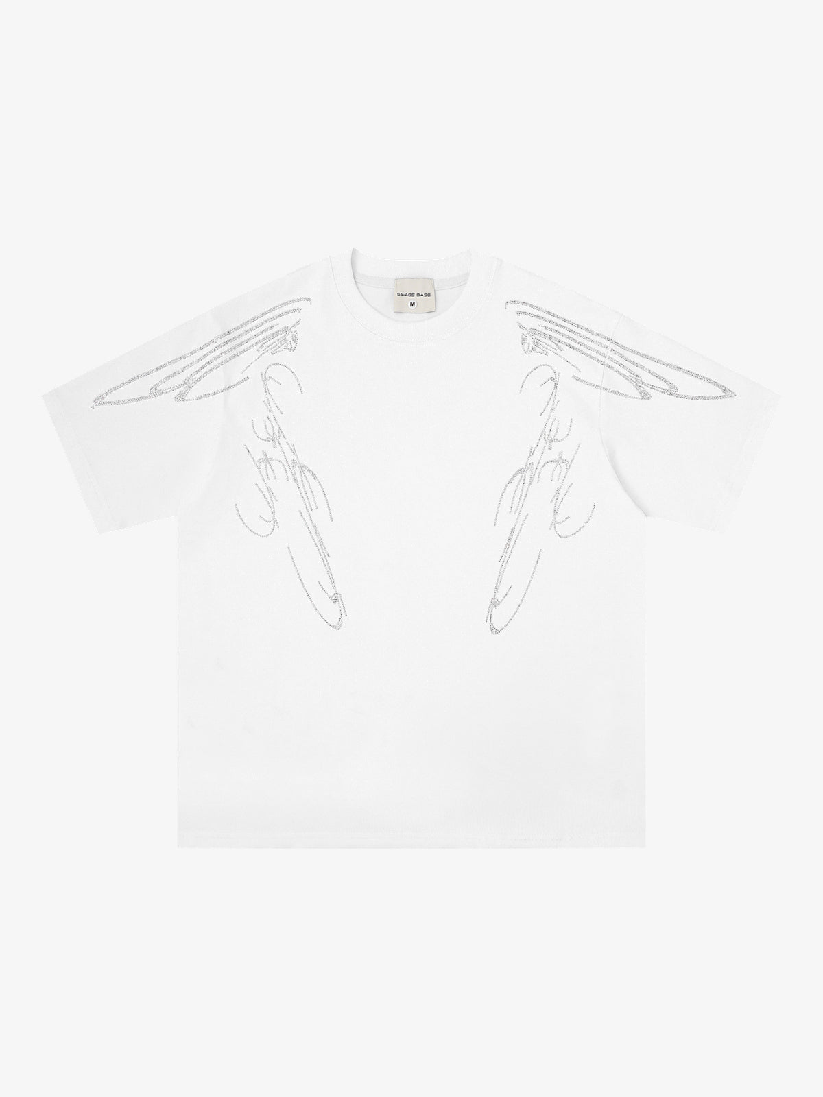 SAVAGE BASE | Rhinestone Angel-Wing T-Shirt in White - front view
