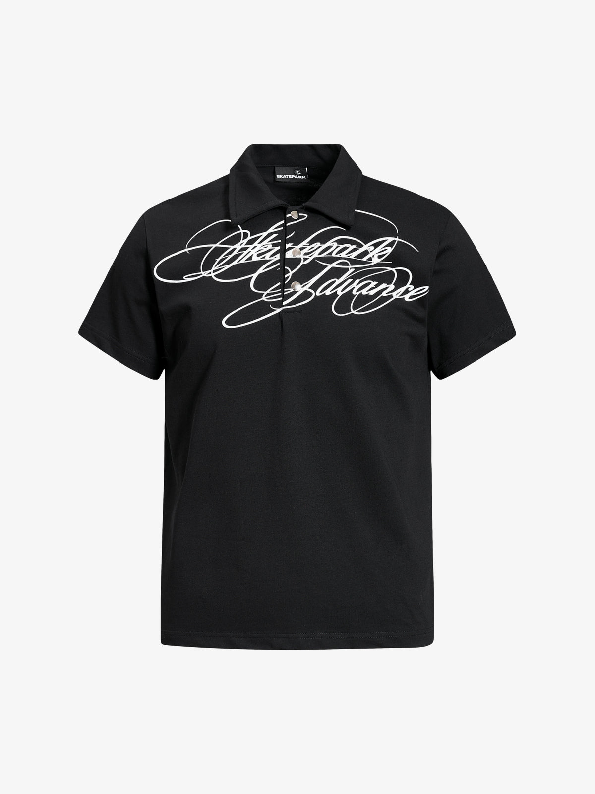 SKATE PARK | Sweeping Script Polo Shirt in Black - front view