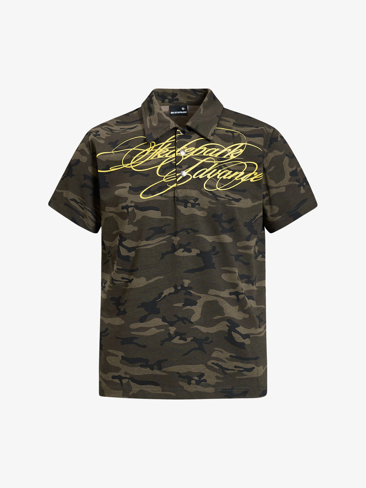 SKATE PARK | Sweeping Script Polo Shirt in Camo - front view