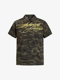 SKATE PARK | Sweeping Script Polo Shirt in Camo - front view