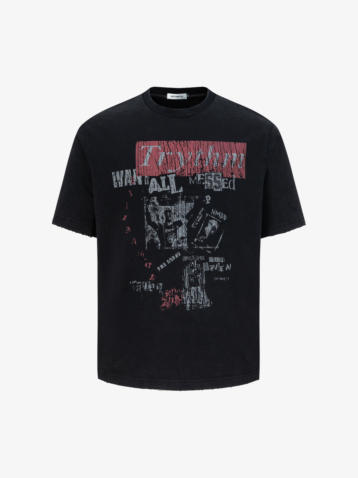 TRYTHMCLU | Distressed Text Collage T-Shirt in Black - front view