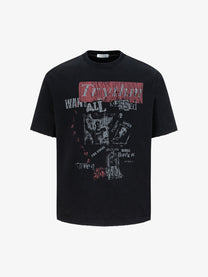 TRYTHMCLU | Distressed Text Collage T-Shirt in Black - front view