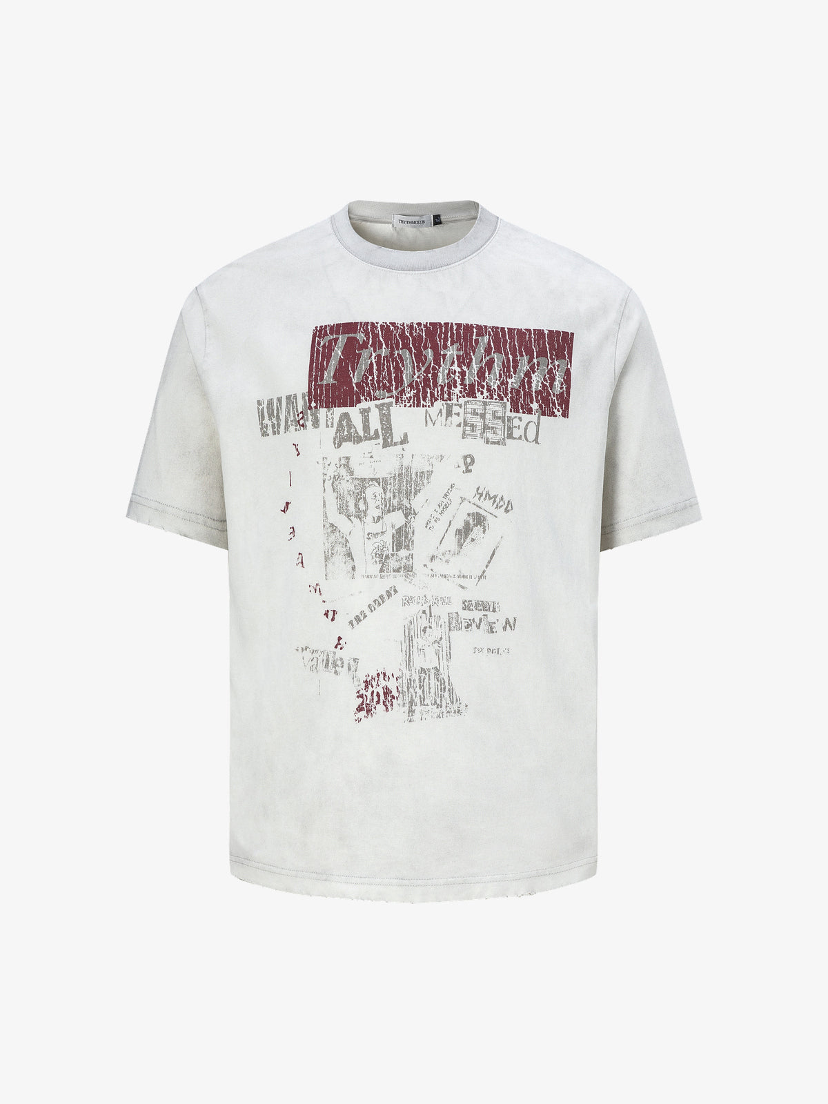 TRYTHMCLU | Distressed Text Collage T-Shirt in Gray - front view