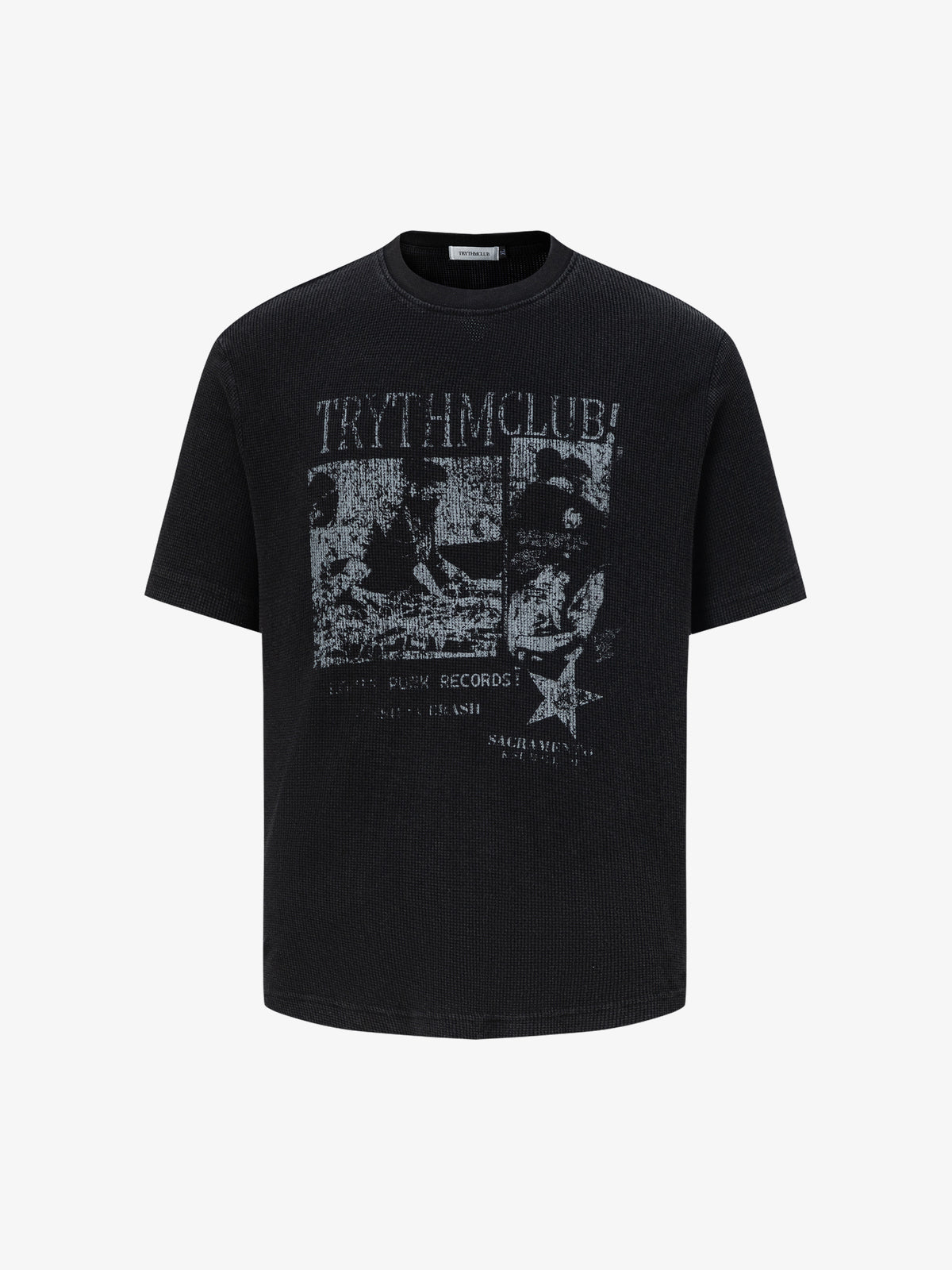 TRYTHMCLU | Faded Collage Waffle T-Shirt in Black - front view
