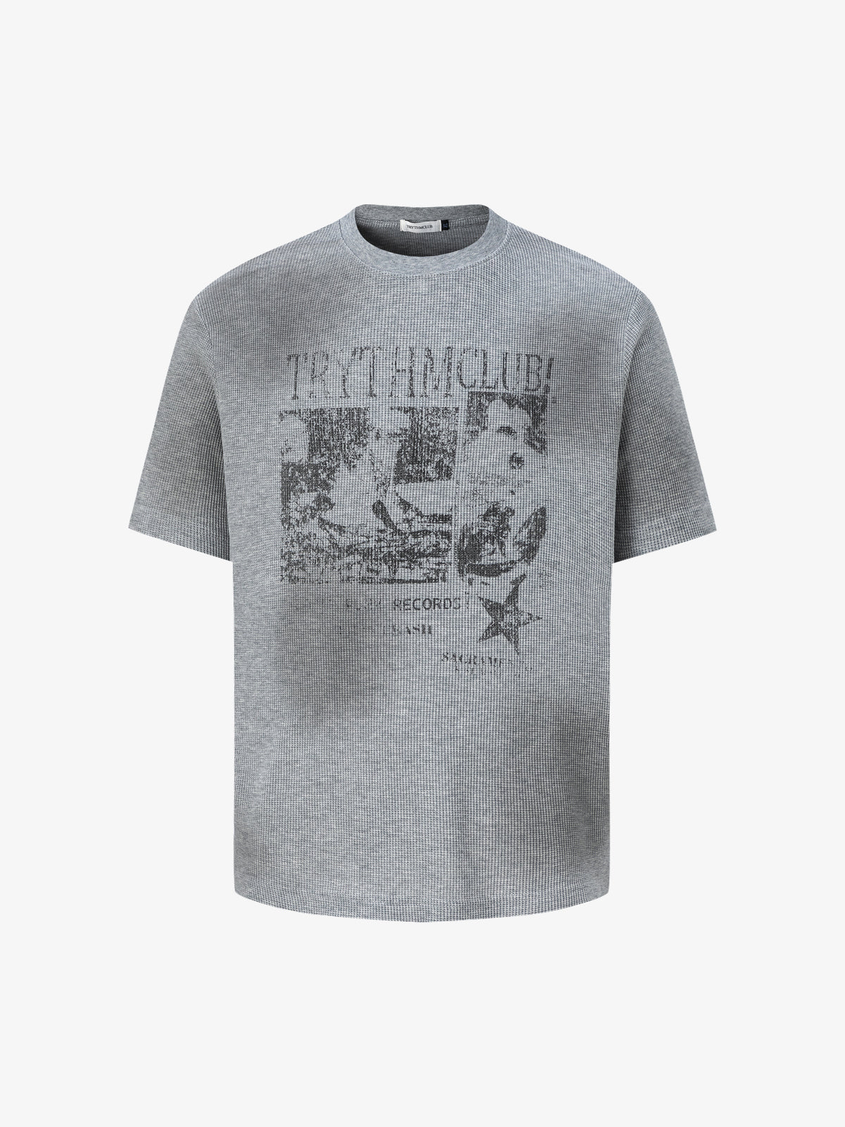 TRYTHMCLU | Faded Collage Waffle T-Shirt in Gray - front view