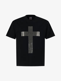 UNUSUAL ORIGINAL | Rhinestone Cross T-Shirt in Black - front view