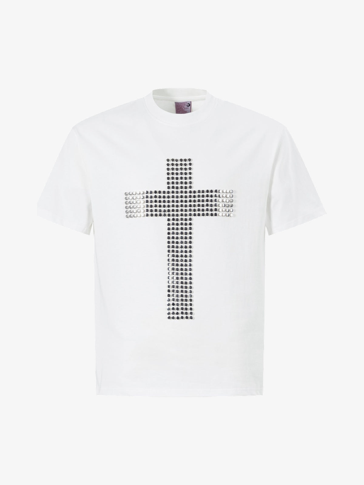 UNUSUAL ORIGINAL | Rhinestone Cross T-Shirt in White - front view