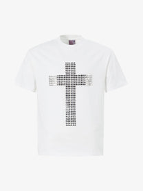 UNUSUAL ORIGINAL | Rhinestone Cross T-Shirt in White - front view
