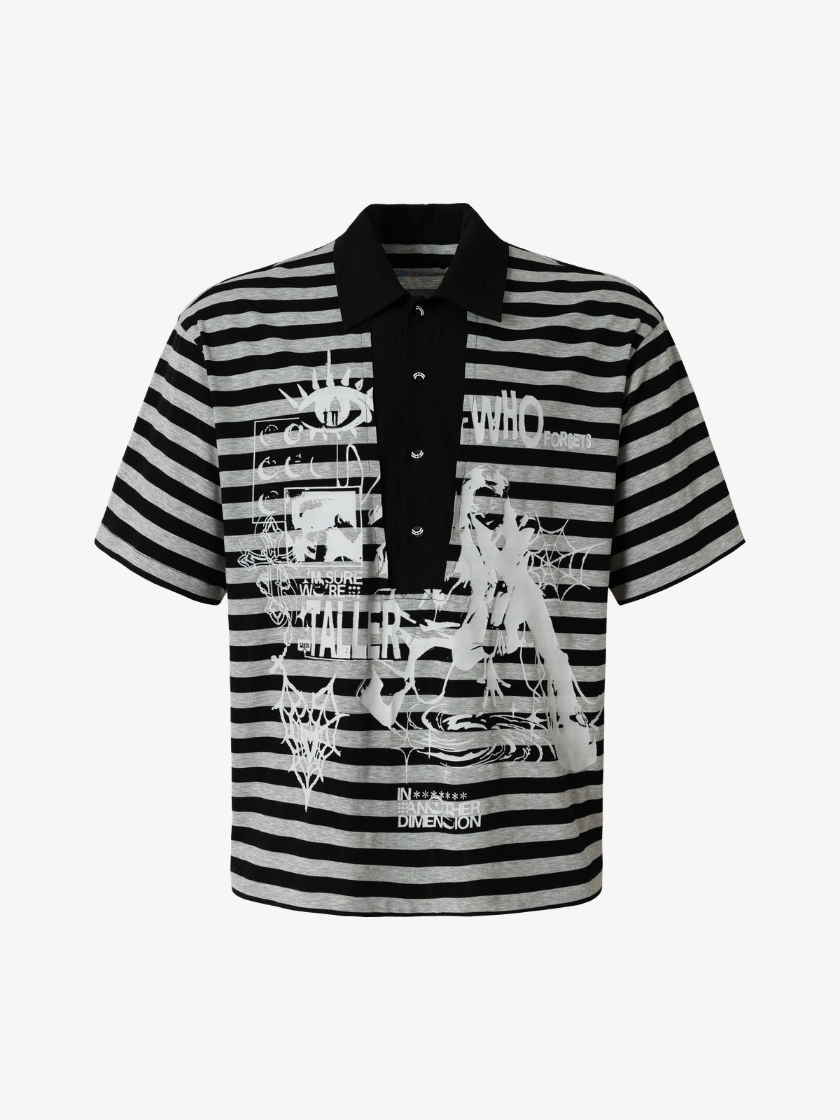 WHOLATE | Striped Collage Polo Shirt in Gray Striped - front view
