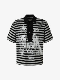 WHOLATE | Striped Collage Polo Shirt in Gray Striped - front view