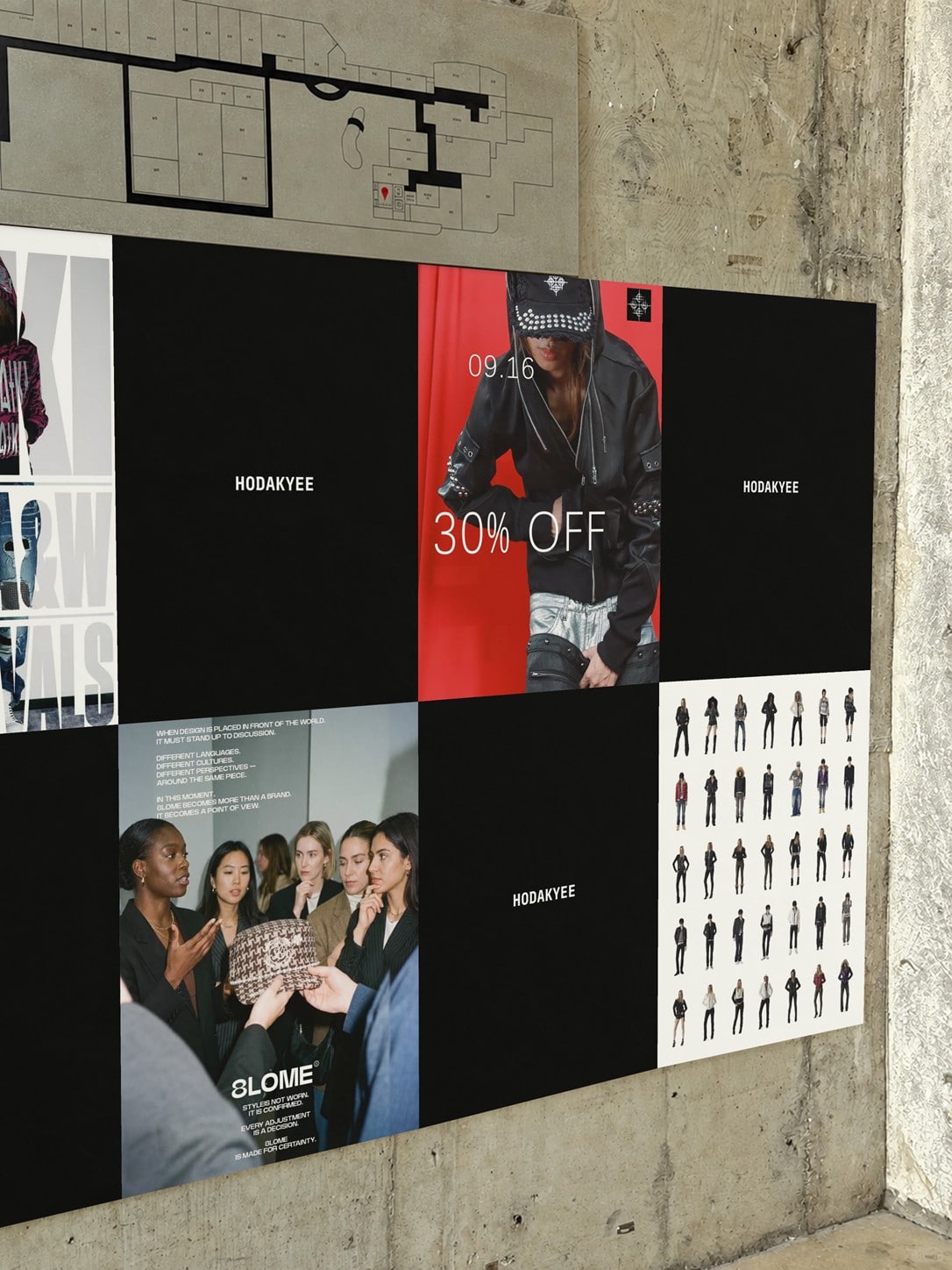 Fashion photography, independent label imagery and HODAKYEE posters on the store wall